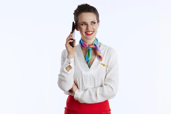 Happy Stylish Air Hostess Woman White Background Uniform Using Smartphone — Stock Photo, Image