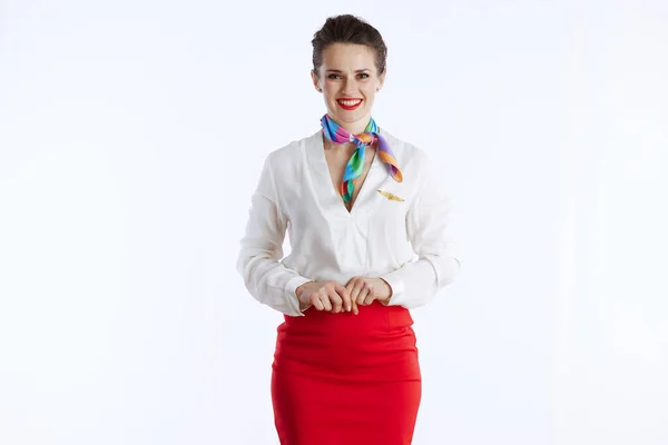 Happy Elegant Flight Attendant Woman White Background Uniform — Stock Photo, Image