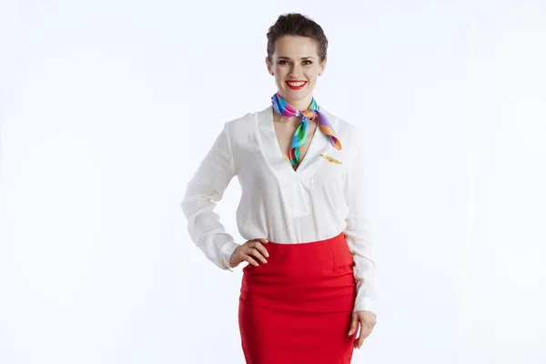 Happy Modern Flight Attendant Woman White Background Uniform — Stock Photo, Image