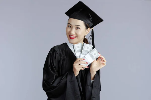 Happy Modern Graduate Student Asian Woman Money Isolated Gray Background — Stockfoto