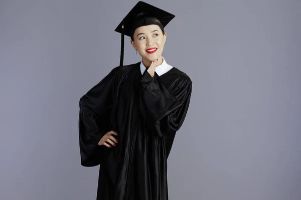 Happy Young Graduate Student Asian Woman Graduation Gown Cap Looking — Stok fotoğraf