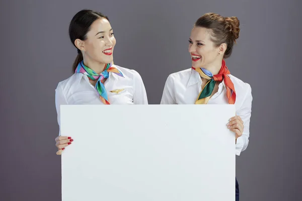 Smiling Elegant Air Hostess Women Blue Skirt White Shirt Scarf — Stock Photo, Image