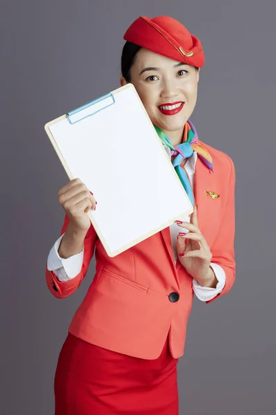 Smiling Stylish Asian Female Flight Attendant Red Skirt Jacket Hat — Stock Photo, Image