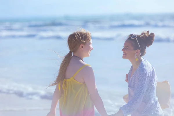 Happy Modern Mother Teenage Daughter Beach Having Fun Time — Stock Photo, Image