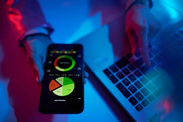 Neon Metaverse Futuristic Concept Closeup Woman Laptop Smartphone Exploring Charts — Stock Photo, Image