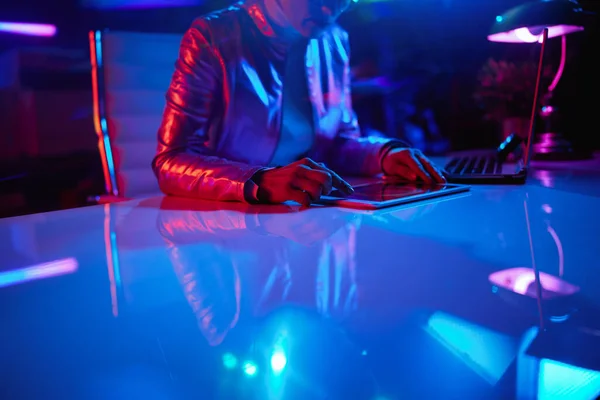 Neon Metaverse Futuristic Concept Closeup Female Tablet Exploring Graphs Office — Stock Photo, Image