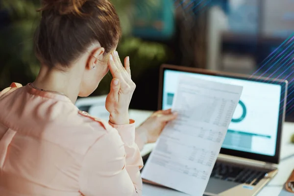 Seen Modern Female Documents Laptop Having Headache Modern Office — Stock Photo, Image
