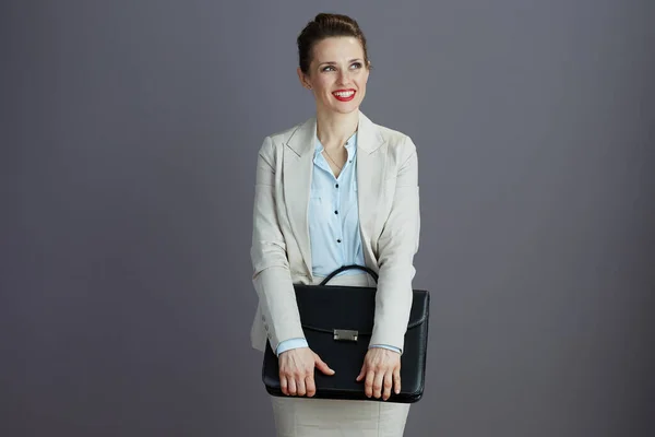 Happy Stylish Middle Aged Woman Employee Light Business Suit Briefcase — Stock Photo, Image