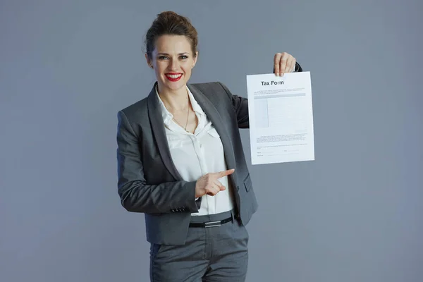 Happy Elegant Middle Aged Small Business Owner Woman Grey Suit — Stock Photo, Image