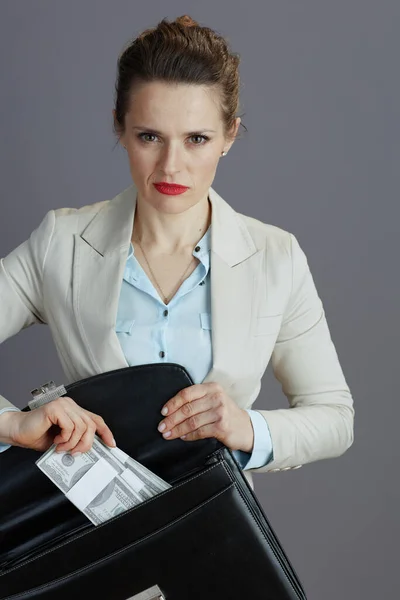 スタイリッシュな中年女性の労働者で軽いビジネススーツでブリーフケースとドルのお金パックグレーに隔離された — ストック写真