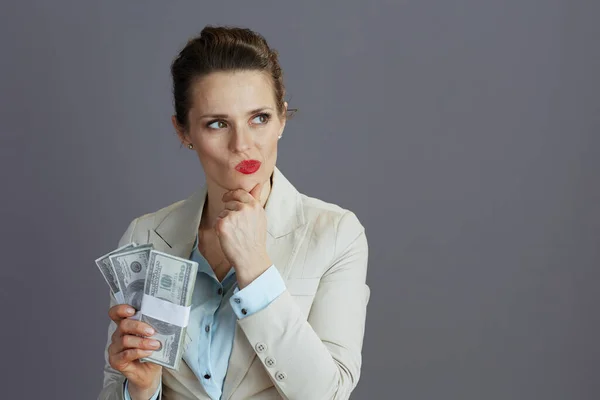 Pensive Years Old Business Woman Light Business Suit Dollars Money — Stock Photo, Image