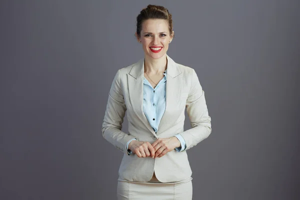 Smiling Middle Aged Small Business Owner Woman Light Business Suit — Stock Photo, Image
