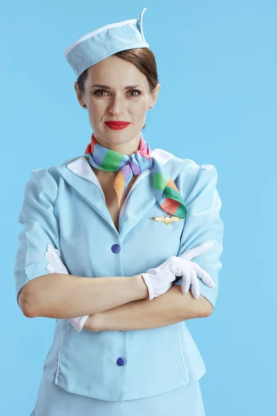Elegant Female Air Hostess Blue Background Blue Uniform — Stock Photo, Image