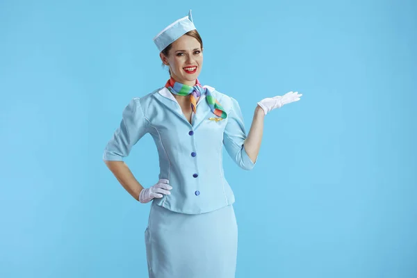 Feliz Elegante Aeromoça Mulher Isolada Fundo Azul Uniforme Azul Apresentando — Fotografia de Stock