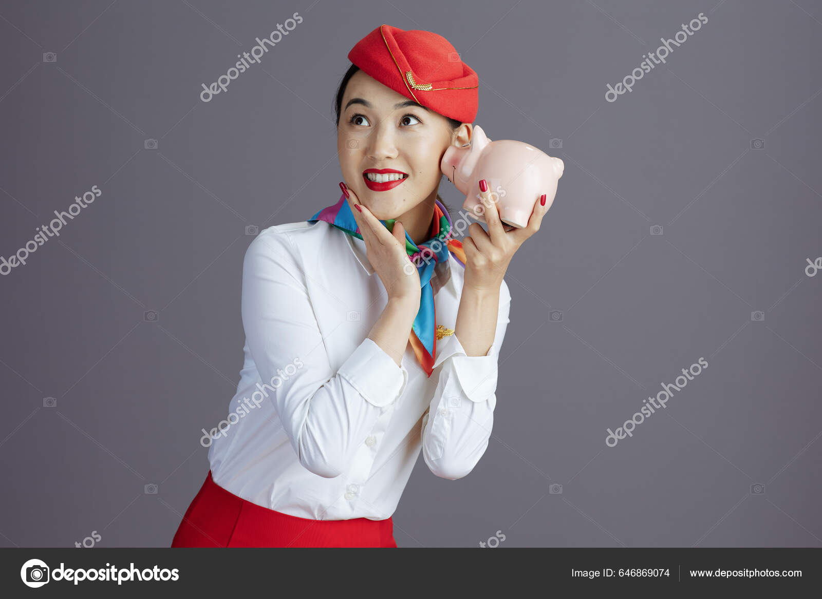 Veselý Moderní Asijské Žena Let Letuška Červené Sukni Klobouk Uniforma —  Stock Fotografie © CITAlliance #646869074