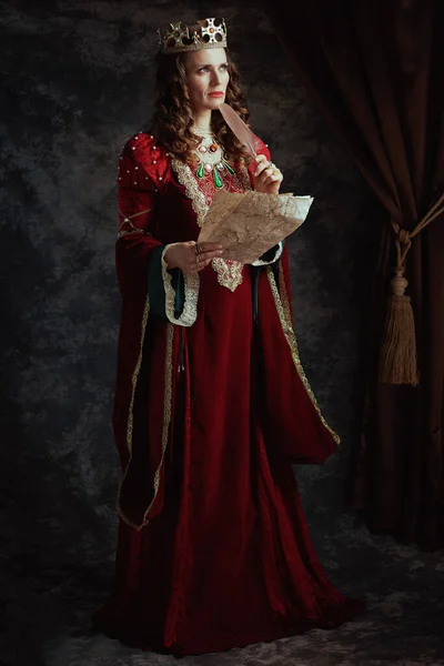 Full Length Portrait Pensive Medieval Queen Red Dress Parchment Crown — Stock Photo, Image