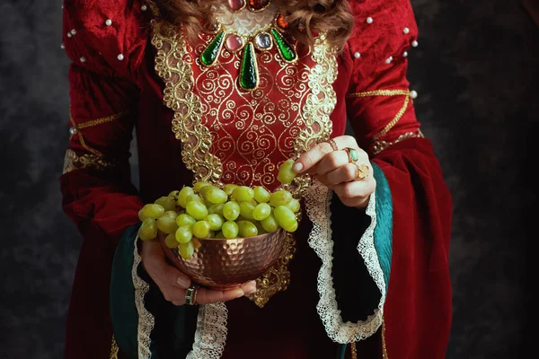 Крупный План Средневековой Королевы Красном Платье Тарелкой Винограда Темно Сером — стоковое фото