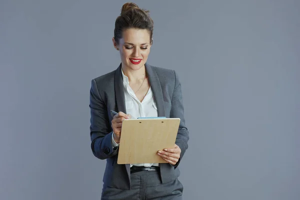 Happy Elegant Years Old Business Woman Gray Suit Clipboard Isolated — Stock Photo, Image