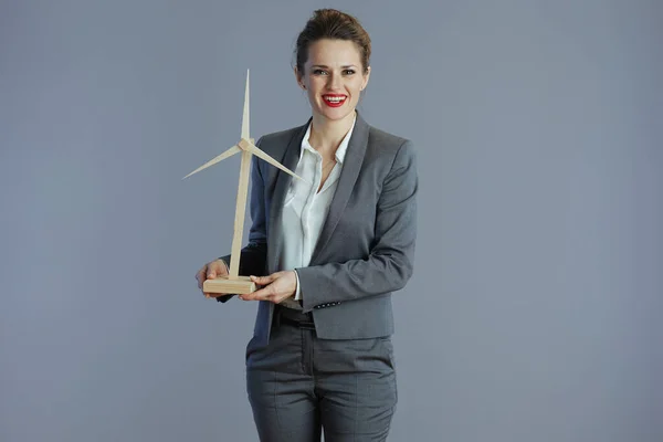 Happy Stylish Female Worker Gray Suit Windmill Isolated Gray — Stock Photo, Image