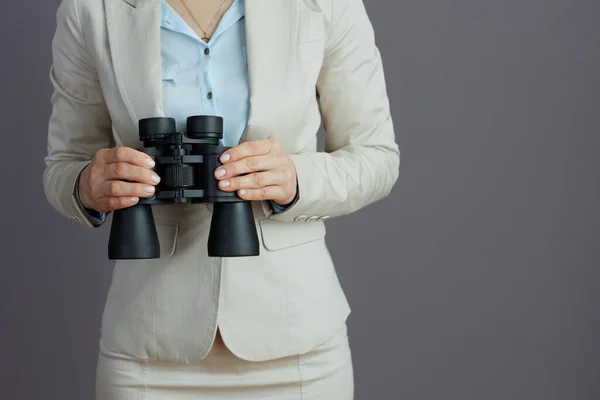 Closeup Middle Aged Business Woman Light Business Suit Binoculars Isolated — Stock Photo, Image