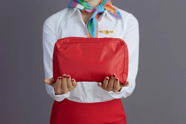 Closeup Elegant Flight Attendant Asian Woman Red Skirt Hat Uniform — Stock Photo, Image
