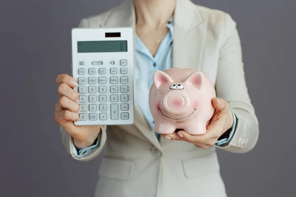 Closeup Small Business Owner Woman Light Business Suit Piggy Bank — Stock Photo, Image