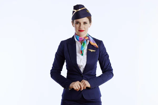 Nowoczesna Stewardessa Białym Tle Mundurze — Zdjęcie stockowe