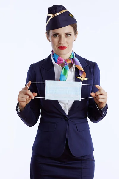 Elegant Stewardess Woman Isolated White Background Uniform Medical Mask — Stock Photo, Image