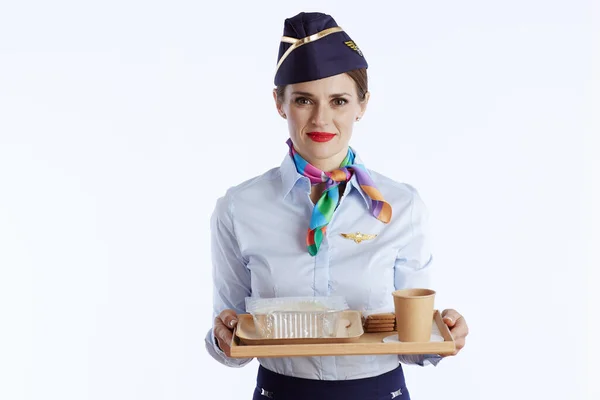 Nowoczesne Kobiety Stewardessa Powietrza Izolowane Białym Tle Mundurze Tacą Żywności — Zdjęcie stockowe