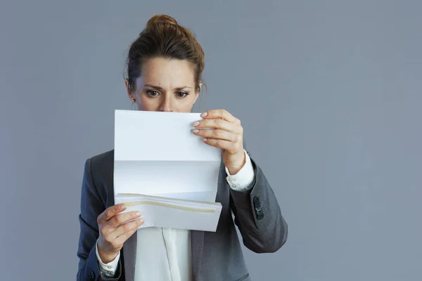 Elegant Business Woman Grey Suit Document Isolated Grey Background — Stock Photo, Image