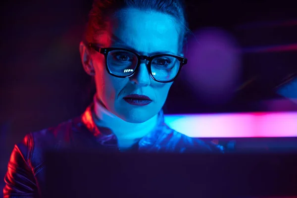 Neon Metaverse Futuristic Concept Portrait Trendy Female Laptop Modern Office — Stock Photo, Image