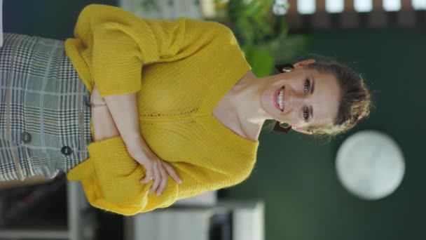 Portrait Happy Modern Small Business Owner Woman Yellow Sweater Standing — Stockvideo