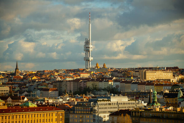 Landscape with Zizkov Television Tower in the evening in autumn in Prague, Czech Republic.