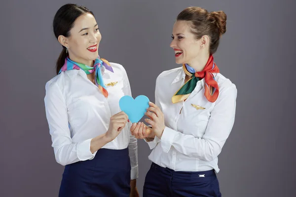 Happy Modern Flight Attendant Women Blue Skirt White Shirt Scarf — Stock Photo, Image
