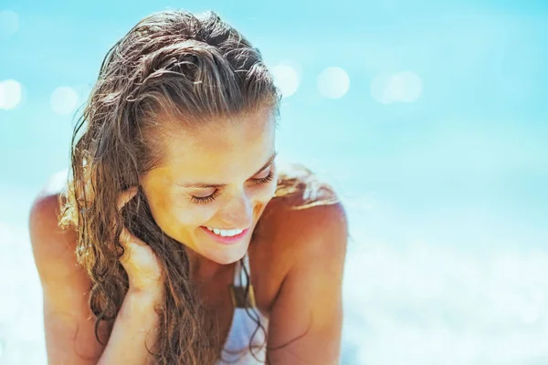Happy Young Woman Laying Seaside — Stock Photo, Image