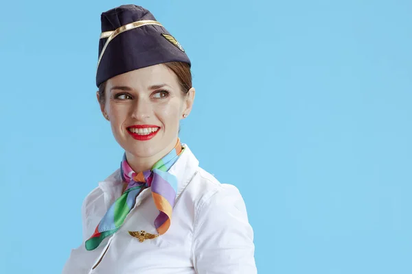 Happy Stylish Female Air Hostess Isolated Blue Background Uniform Looking — Stock Photo, Image