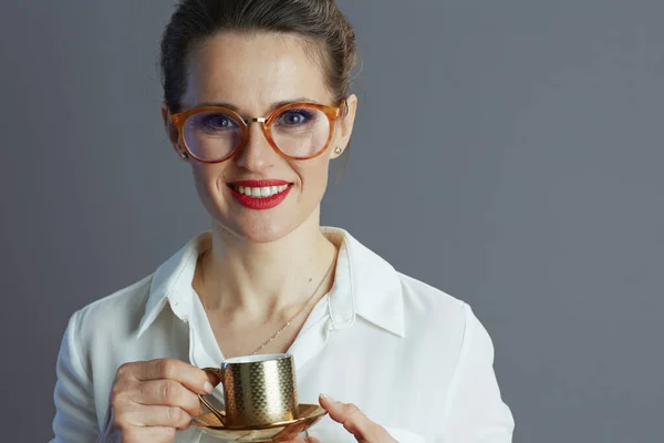 Smiling Trendy Years Old Business Woman White Blouse Glasses Coffee — Stock Photo, Image