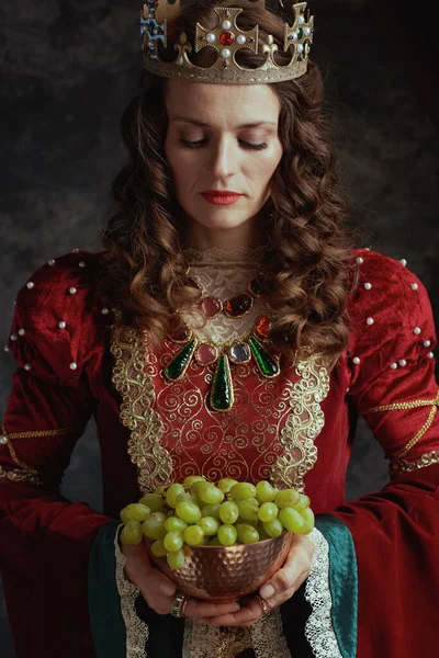 Mittelalterliche Königin Rotem Kleid Mit Weinteller Und Krone Auf Dunkelgrauem — Stockfoto