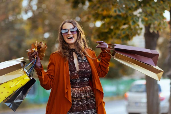 Witam Listopad Uśmiechnięta Modna Kobieta Brązowym Płaszczu Torbami Zakupy Jesienno — Zdjęcie stockowe