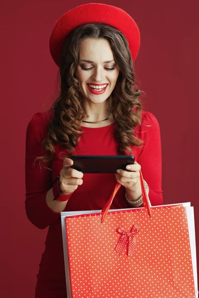 Happy Valentine Smiling Modern Female Long Wavy Hair Red Dress — Stock Photo, Image