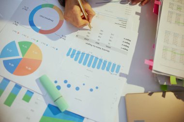 Belgeler ve grafiklerle çalışan iş kadını.