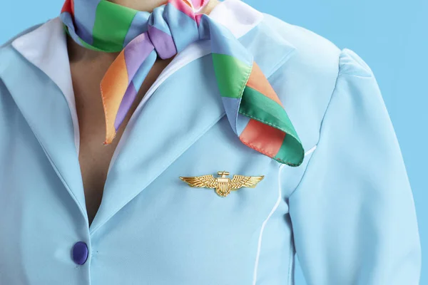 Closeup Female Flight Attendant Isolated Blue Background Blue Uniform — Stock Photo, Image