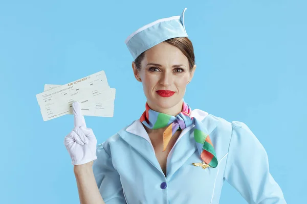 Elegant Female Stewardess Isolated Blue Background Blue Uniform Flight Tickets — Stock Photo, Image