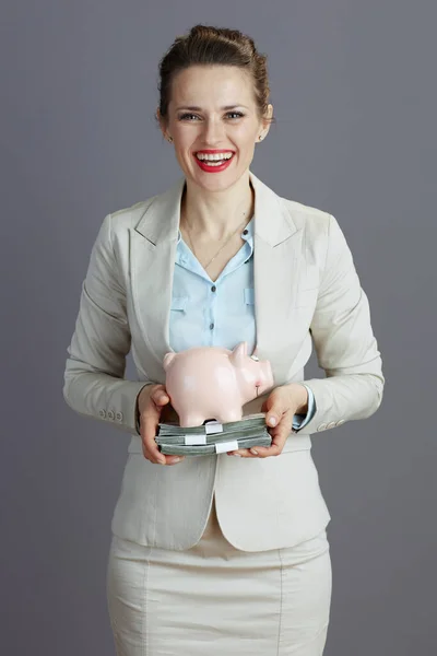 Happy Modern Middle Aged Business Woman Light Business Suit Piggy — Stock Photo, Image