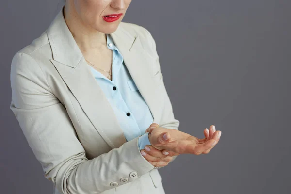 Closeup Female Employee Light Business Suit Carpal Tunnel Syndrome Isolated — Stock Photo, Image