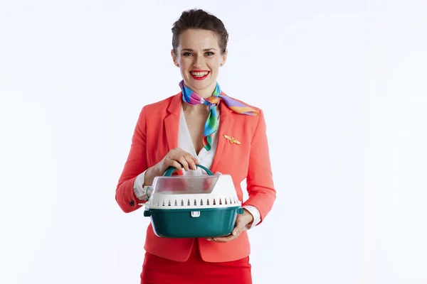 Smiling Stylish Stewardess Woman Isolated White Background Uniform Pet Carrier — Stock Photo, Image