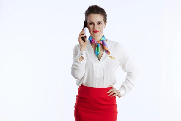 Souriant Élégante Hôtesse Air Féminin Sur Fond Blanc Uniforme Parler — Photo