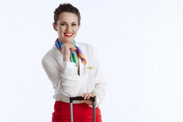 Sorridente Elegante Assistente Volo Femminile Isolato Sfondo Bianco Uniforme Con — Foto Stock