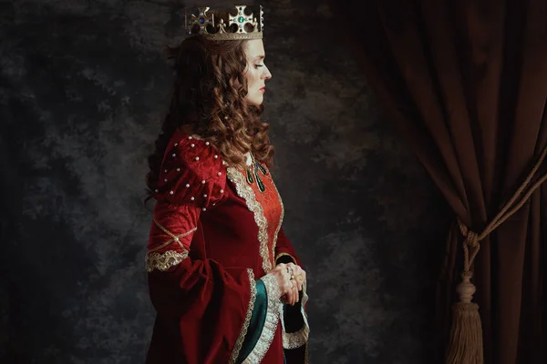 Middeleeuwse Koningin Rode Jurk Met Kroon Donkergrijze Achtergrond — Stockfoto