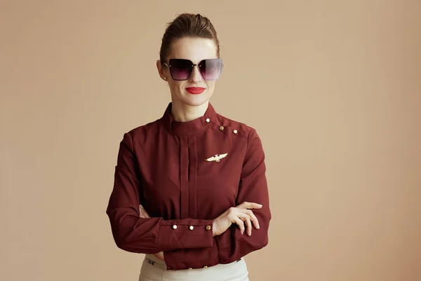 Stylish Air Hostess Woman Beige Background Sunglasses — Stock Photo, Image